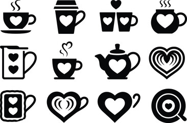 Romantic Coffee Icons – Heart Mugs, Teapot, Cup Set, Warm Beverage Silhouettes