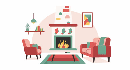 Obraz premium Illustration of a cozy living room with a fireplace, two red armchairs, and a Christmas stocking hung by the chimney with care, in a warm and festive atmosphere.
