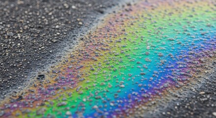 Oil leak creating colorful reflections on asphalt surface  