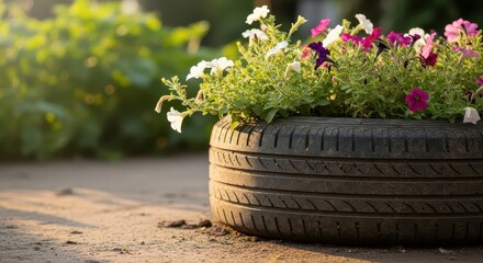 Old tire used as flower pot with blooming flowers in garden  