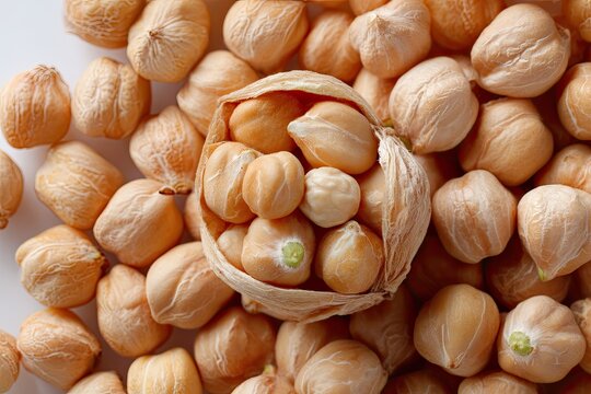 Chickpeas scattered, some in a natural pod