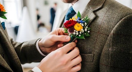 A person is adjusting a boutonniere on another persons suit jacket.