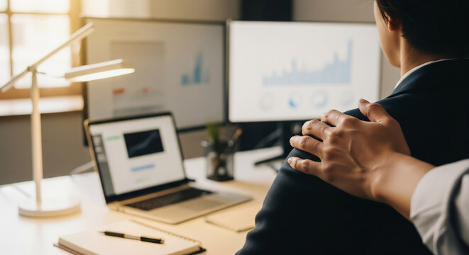 Supervisor hand supporting an employee's shoulder for mentorship and workplace encouragement.