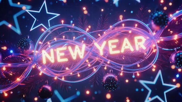 Neon Happy New Year 3D animation with glowing text, pulsing stars, glitter baubles, blinking garlands and flowing particles in dynamic festive motion, rhythmic loop.