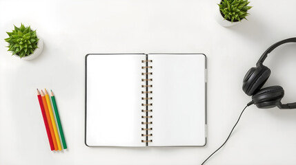 Minimalist study workspace with open notebook, colored pencils and headphones on white desk