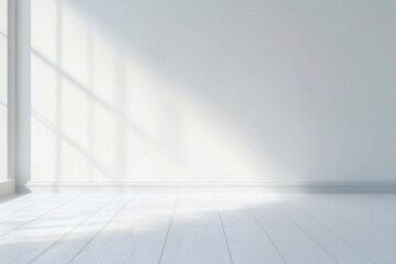 Empty white room with wooden floor and plain white walls minimalistic interior design