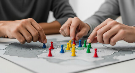 Business people moving map game pieces for strategic planning and market mapping.