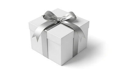 Obraz premium Minimal White Gift Box With Silver Ribbon - Clean Holiday Product Photo