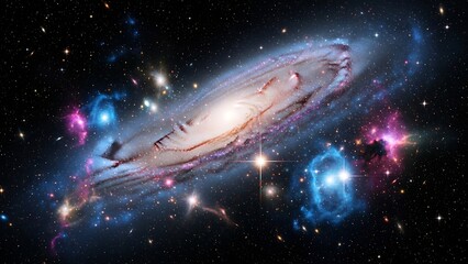 Spectacular Galaxy Formation with Nebulae and Star Clusters in Deep Space.