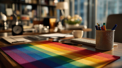 Workplace supporting queer rights featuring employee desk with pride rainbow flag visible