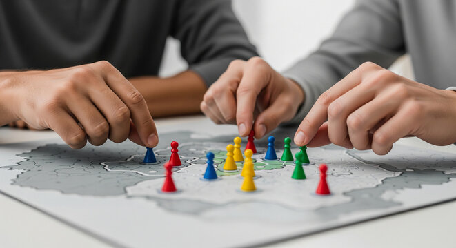 Business people moving map game pieces for strategic planning and market mapping.
