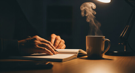 Hands writing in a notebook next to a steaming cup of coffee late at night.
