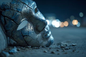 Broken silver theatrical mask lying on street asphalt with city bokeh background