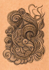 Hand-drawn abstract doodle illustration with intricate spirals, flowing lines and ornamental patterns. Detailed ink drawing on brown craft paper, creating an organic, zentangle-style composition. 