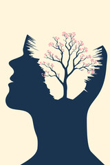 Surreal silhouette artwork showing a blooming tree growing inside a human head, symbolizing healing, inner growth, mindfulness, and the awakening of positive thoughts.
