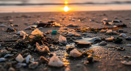 A close up of a beach at sunset with shells and seaweed scattered on the sand.