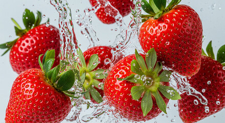 Close-up of fresh strawberries being cleaned with a vigorous water splash.