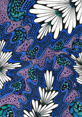 A highly detailed, dense abstract pattern reminiscent of a fantastical underwater or night garden, executed in a style close to psychedelic art and doodling.Large, stylized flowers with long petals.