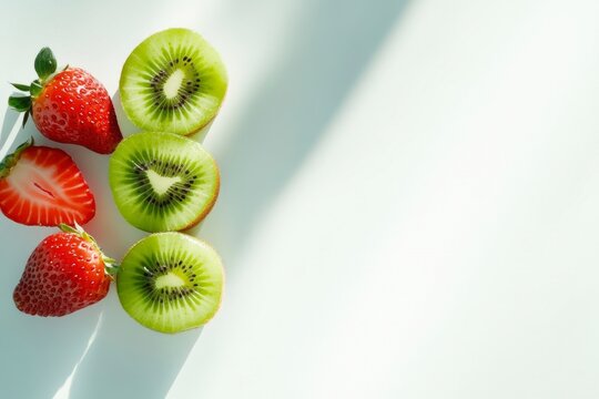 Assorted fresh fruits including whole and sliced pieces on a wooden surface