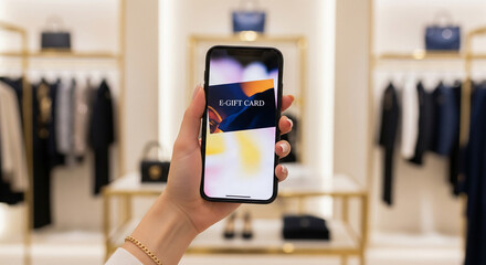 Hand holding a smartphone displaying an E-Gift Card in a luxury retail boutique.
