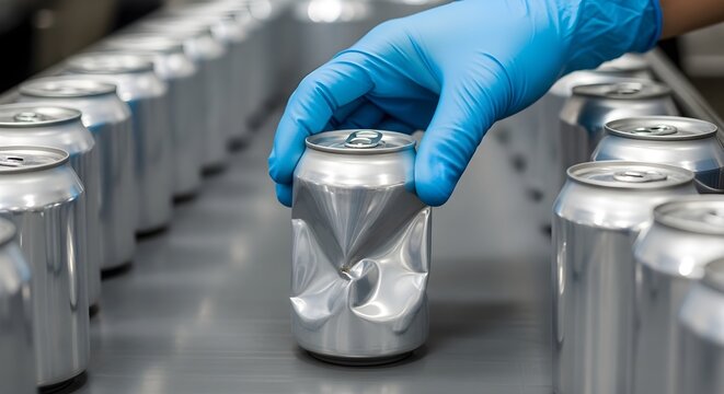 Gloved hand picks up a crushed aluminum can from a conveyor belt of cans. - Powered by Adobe