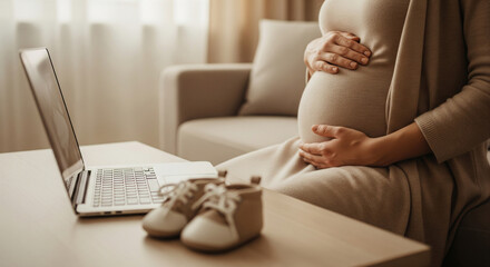 Pregnant woman holding her belly sitting next to a laptop and baby shoes at home.