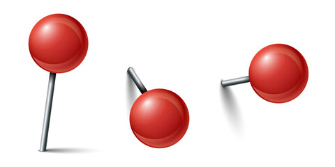 Red needle pin with shadow set collection in flat style. Map push pins vector illustration on isolated background. Pushpin for paper notice sign business concept.