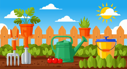 Gardening tools and plants illustration with sunny weather and wooden fence in a garden plot showcasing a vibrant outdoor scene