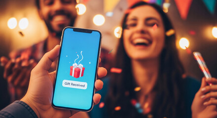 Hand holding a phone showing "Gift Received" app notification at a celebration party.