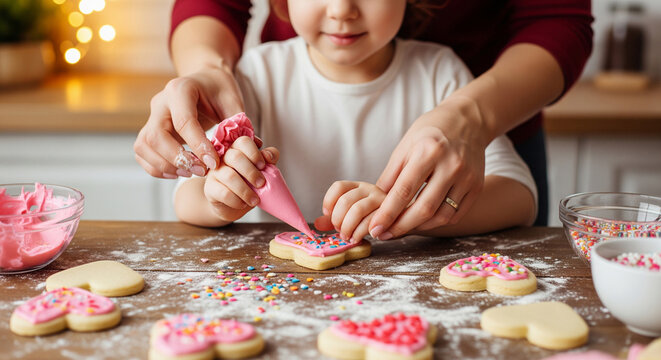 Mother and daughter decorating heart-shaped cookies for a family Valentine's Day activity. - Powered by Adobe