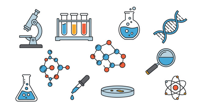 Collection of science-related illustrations, including a microscope, test tubes, and molecular structures.