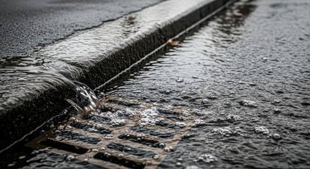 Rainwater draining from street into storm drain on wet pavement  