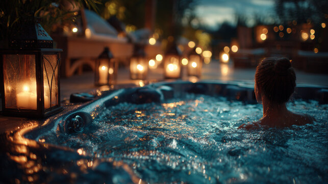 Woman relaxing in luxurious hot tub with candlelight at night