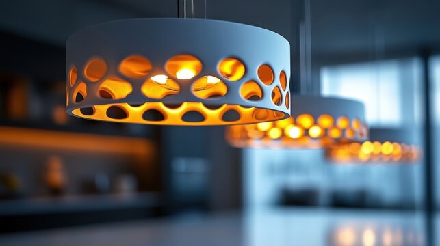 Close-up view of three pendant lights with circular cutouts, glowing warm light - Powered by Adobe