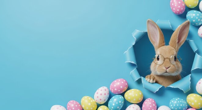 Easter bunny peeking through a torn paper with colorful eggs - Powered by Adobe