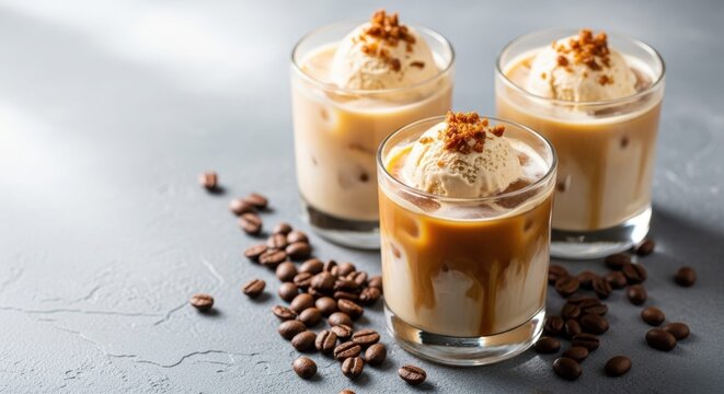 Delicious iced coffee with ice cream and coffee beans on a gray background