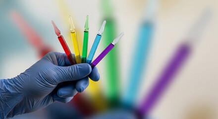 Scientist holding colorful ampoules for targeted drug delivery and gene therapy development.