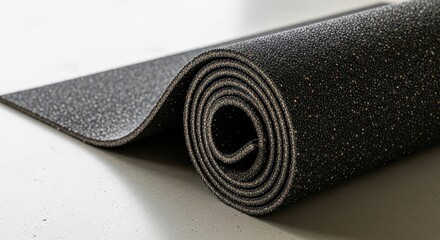 Rolled black recycled rubber mat on white background for ecology  