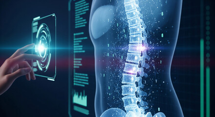 Hand inspecting holographic spine with AI diagnostic data highlights for deep learning.