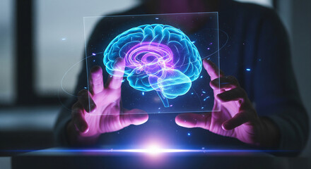 Neuroscientist hands manipulating a glowing holographic brain model for AI technology.