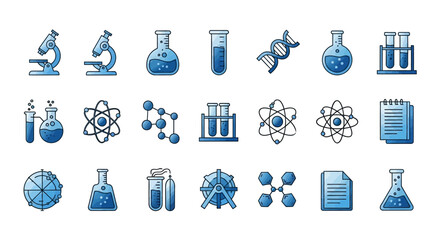 A collection of blue science and chemistry icons including microscopes, beakers, test tubes, DNA, and atomic structures.
