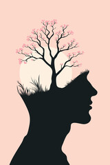 Abstract illustration of a human profile with a blooming tree growing from the mind, symbolizing inner growth, healing, renewal, and mental well-being in a minimal, modern style.