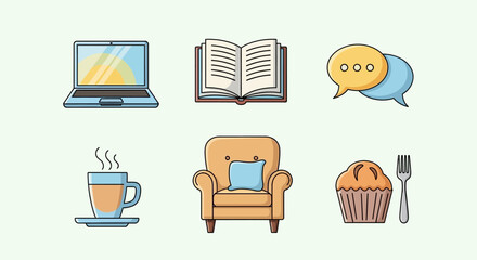 A set of six colorful icons representing cozy home activities like reading, working, and relaxing.