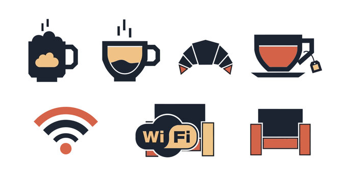 A collection of flat design icons representing coffee shop items and amenities like drinks, food, and wifi.