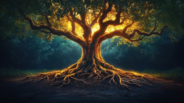 A glowing, ancient tree radiates light from within its golden trunk and sprawling branches