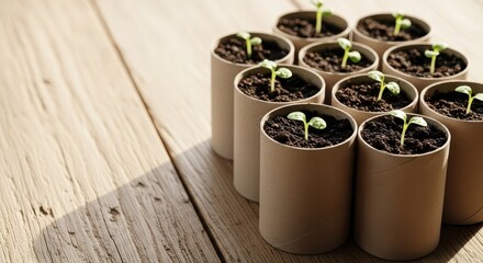 Seedlings growing in recycled cardboard tubes on wooden table  