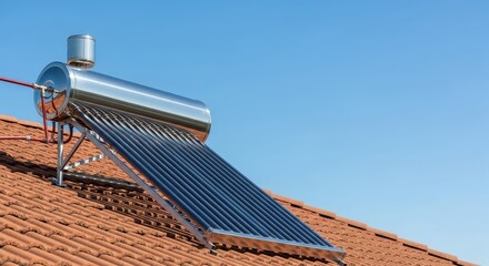 Solar water heater installed on rooftop with blue sky backdrop  