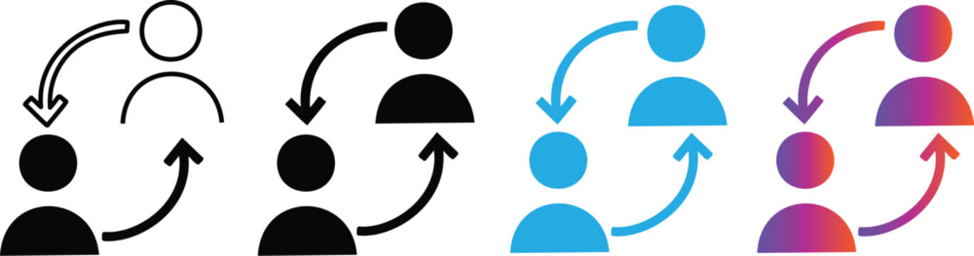Replace Person Icons. Personnel Exchange Symbols. Reciprocal arrow people icon sign. User staff rotation icon set. Two people exchanging information on Transparent Background. 

