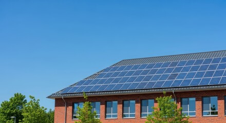 Solar panels installed on brick school building under clear blue sky  