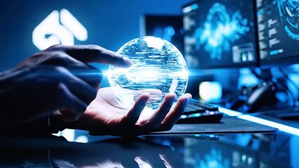 Hand holding a data globe with a glowing icon, reflecting a blue technological workspace - Powered by Adobe